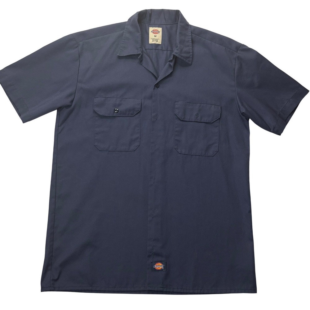 Dickies Work Shirt Mens Medium Navy Blue Poly Cotton Short Sleeve Utility